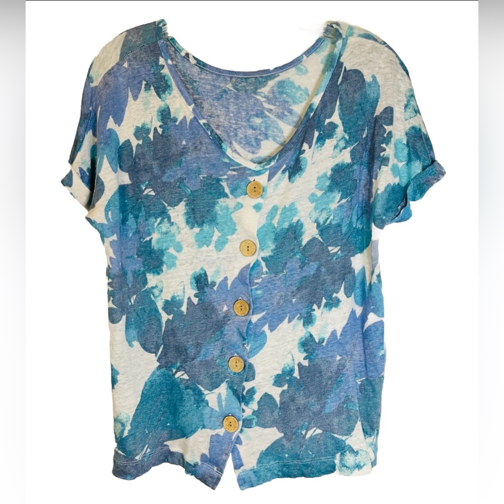 Cynthia Rowley 100% Linen Blue‎ Floral Women’s Button Up Blouse Tropical Luau S